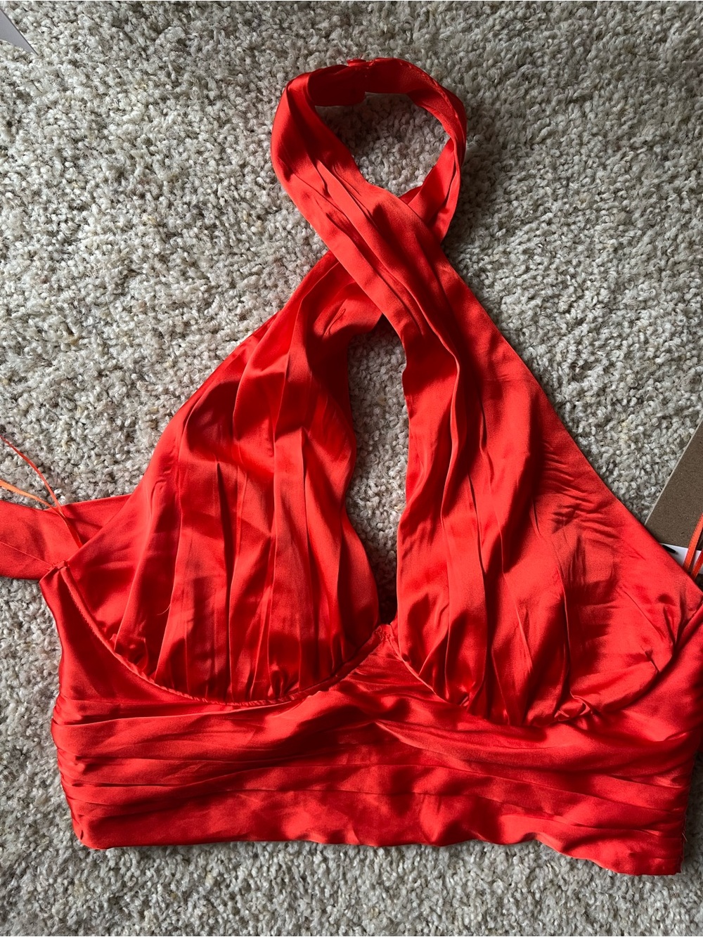 DO+BE Vici Collection Bright Orange Satin Halter Crop Top
